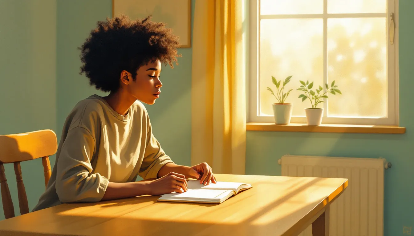 A medium-skinned person with natural hair sits at a wooden table with open palms on a notebook, an empty chair across from them, soft morning light through a frosted window