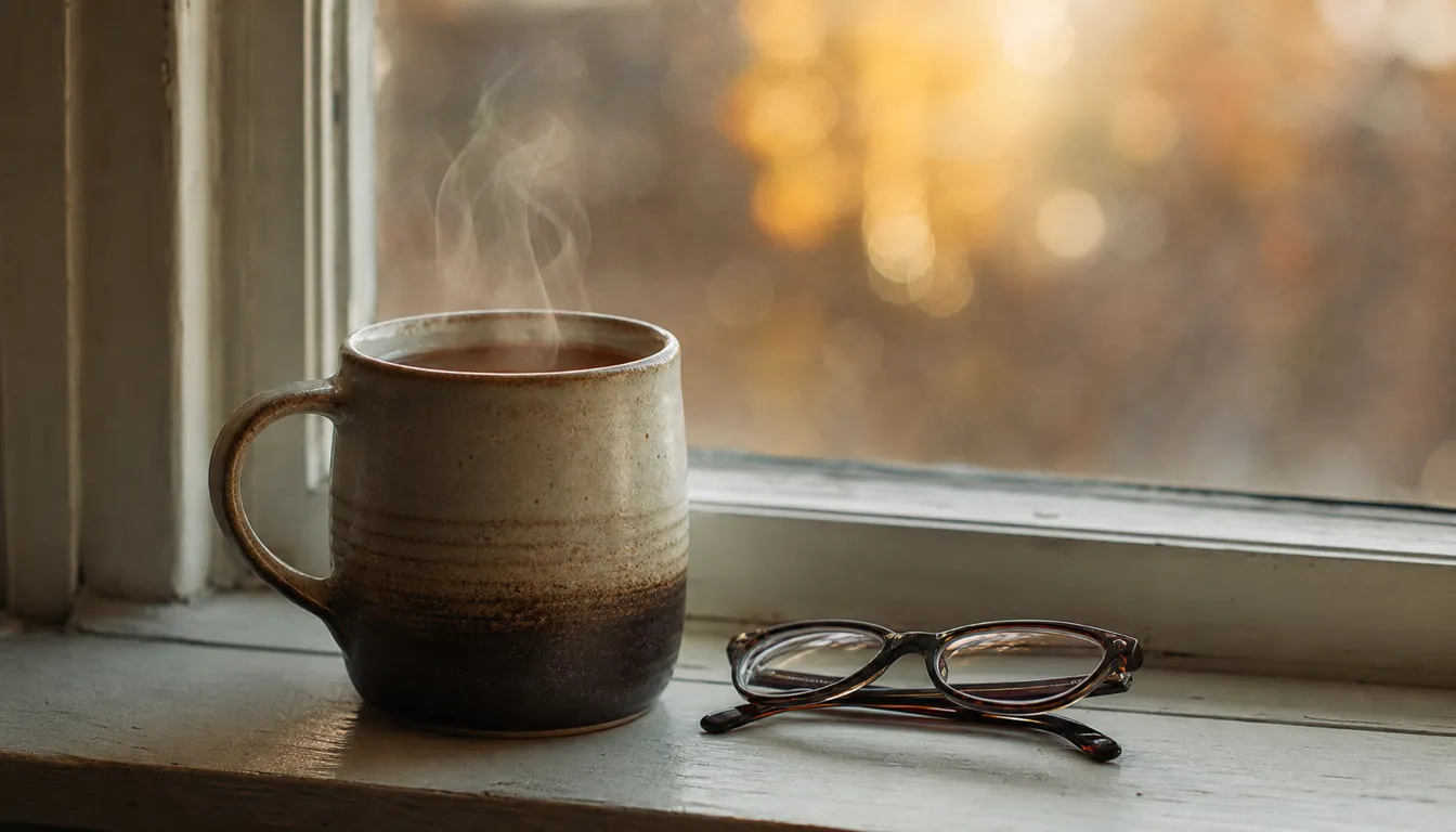 A ceramic mug of tea and folded reading glasses on a windowsill, steam rising, the world outside blurred into warm light, suggesting patient undivided attention