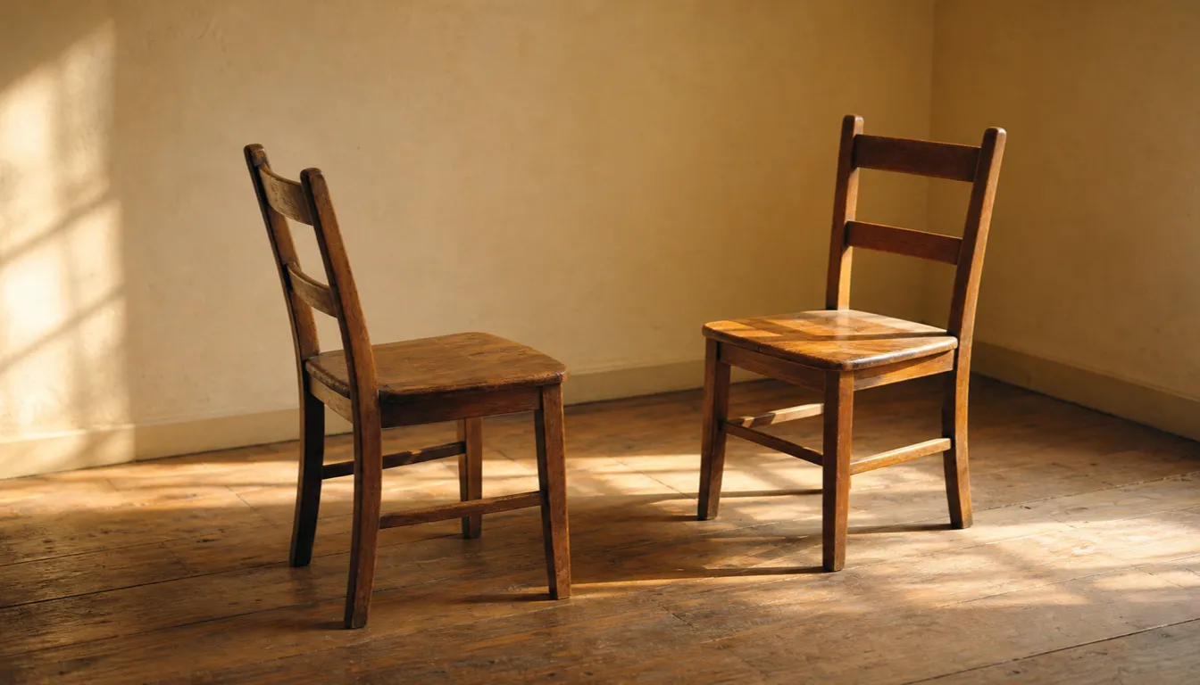 Two simple wooden chairs turned to face each other in a sunlit room, close together with no table between them, warm afternoon light on a plank floor