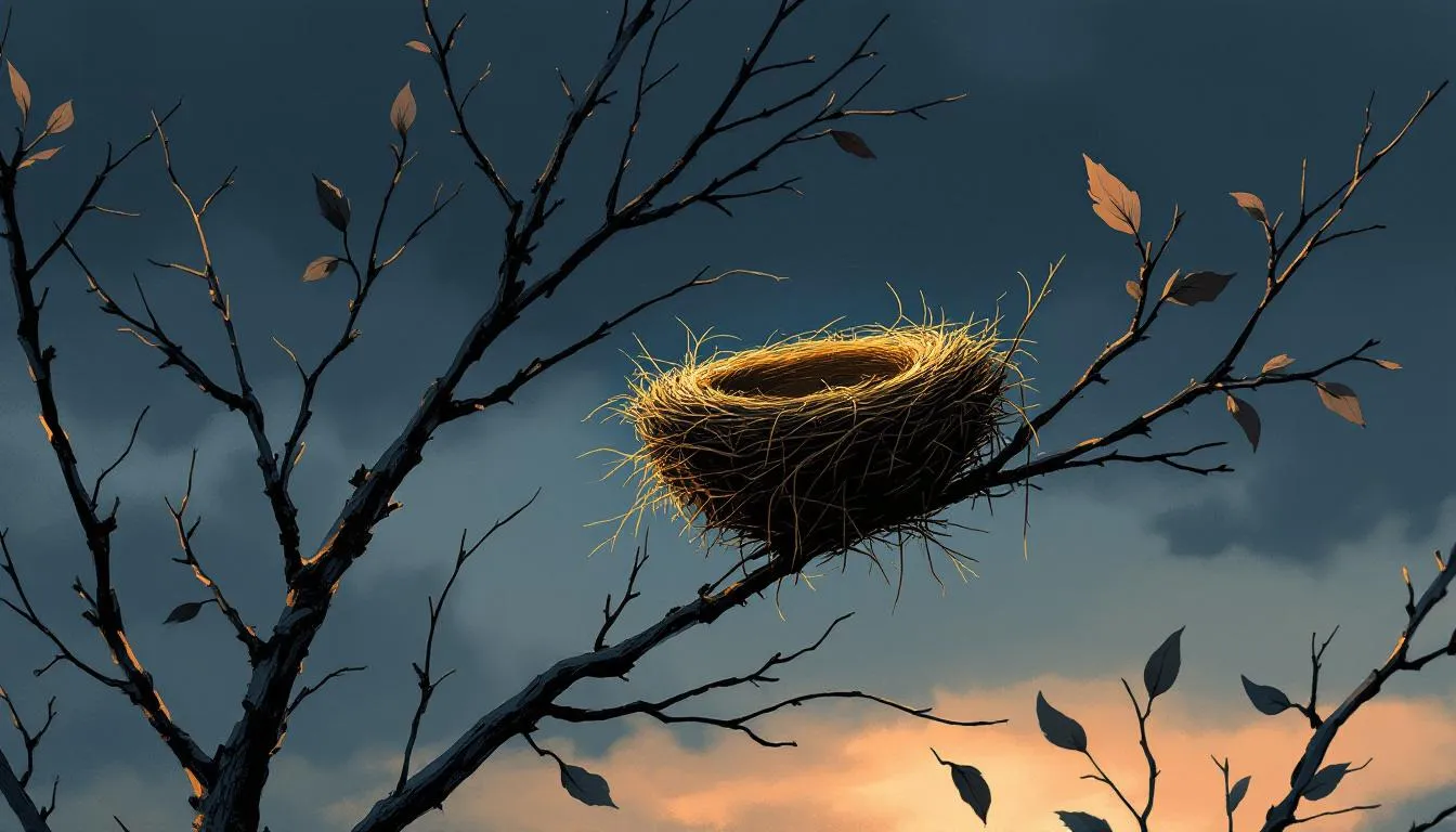 An empty bird's nest perched in bare branches against a darkening sky at dusk