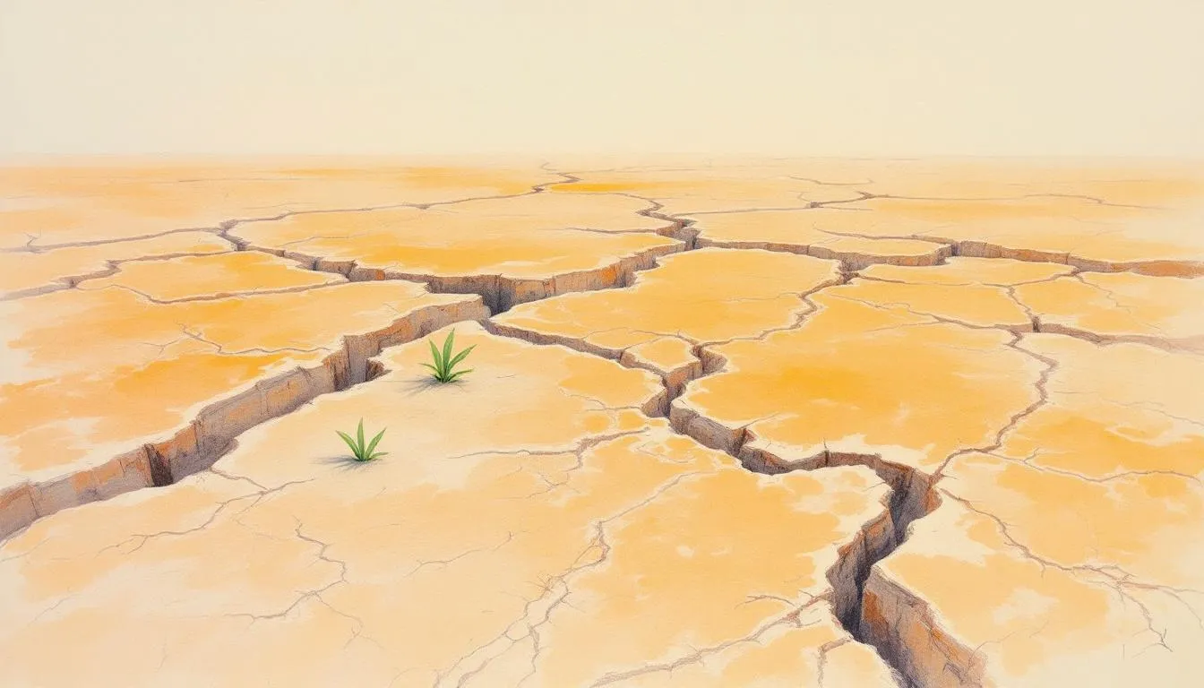 Two small green sprouts in a vast plain of cracked golden earth