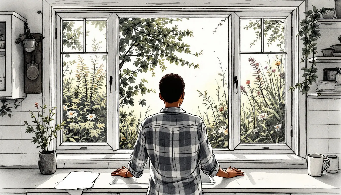 A figure with warm brown skin stands at a kitchen window looking out at a wild overgrown garden, hands resting on the sill beside an empty mug