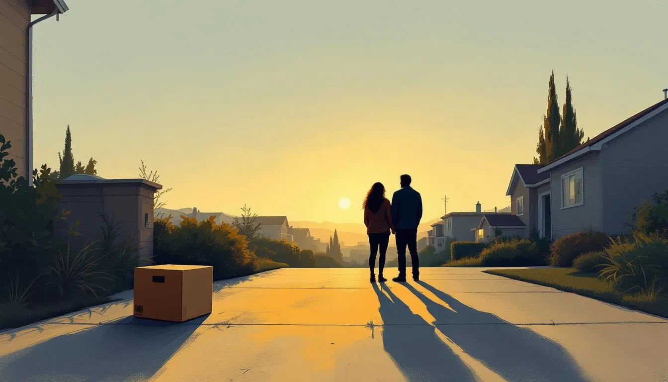 A couple stands holding hands in a driveway at sunset, a single packed box nearby