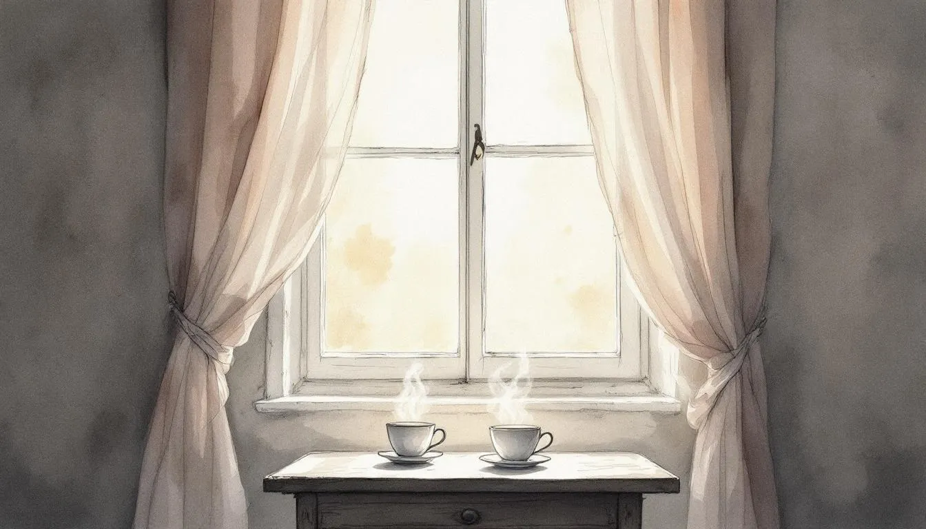 Watercolor of two steaming teacups on a table before a curtained window in a grey room