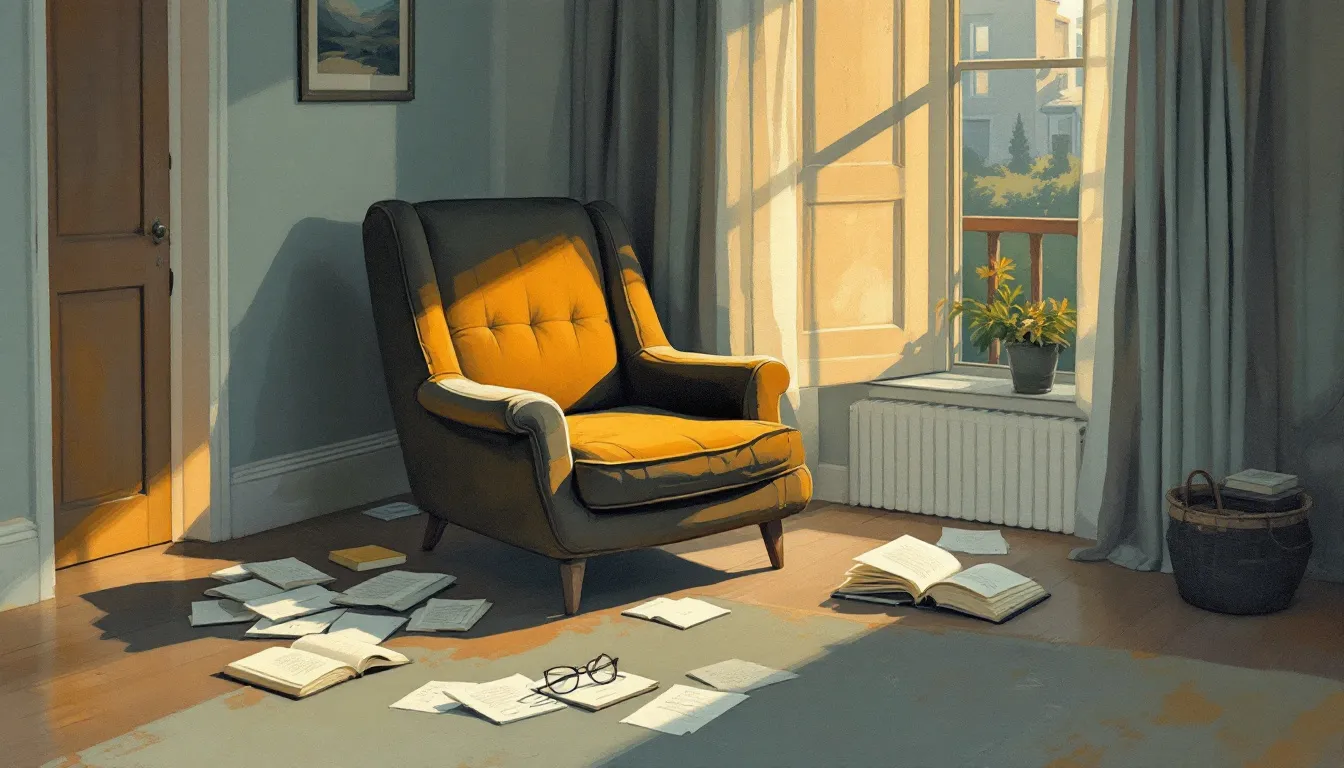 Gouache illustration of a worn armchair near a tall open window at dusk, with open notebooks and handwritten pages scattered on the floor beside it