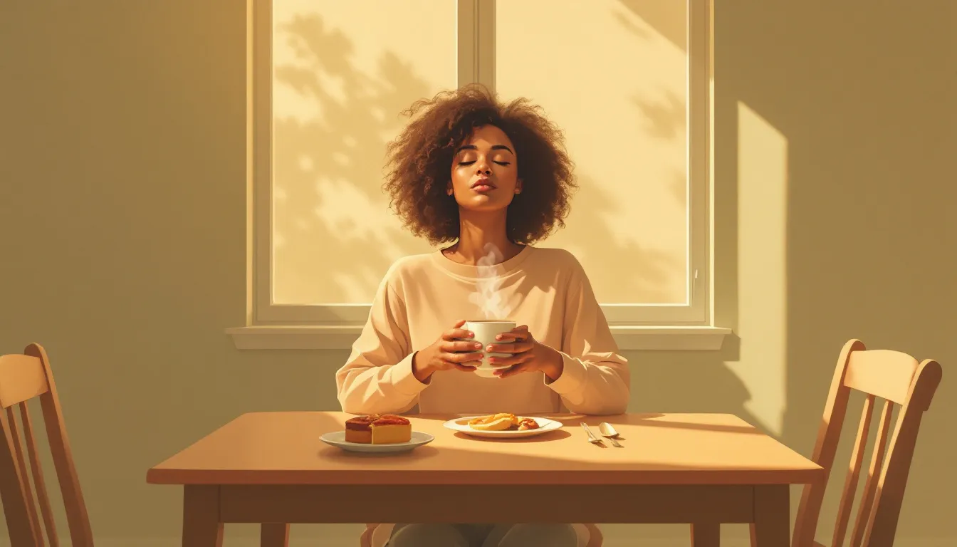 A woman with medium-brown skin sits alone at a sunlit kitchen table, both hands wrapped around a steaming mug, shoulders relaxed, morning light casting soft shadows across an empty chair opposite her