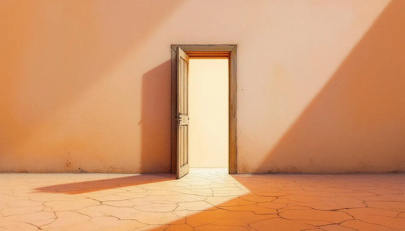 A single open door spilling bright light across a warm terracotta wall and floor