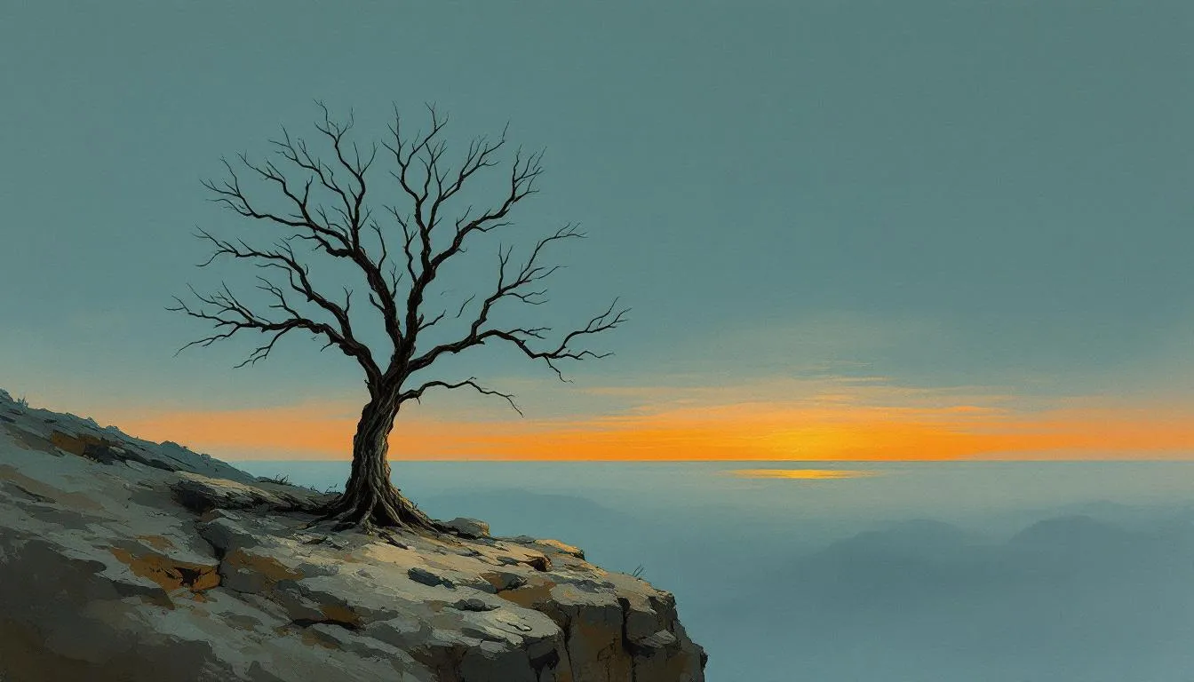 A lone bare tree clinging to a rocky cliff edge above the sea at sunset