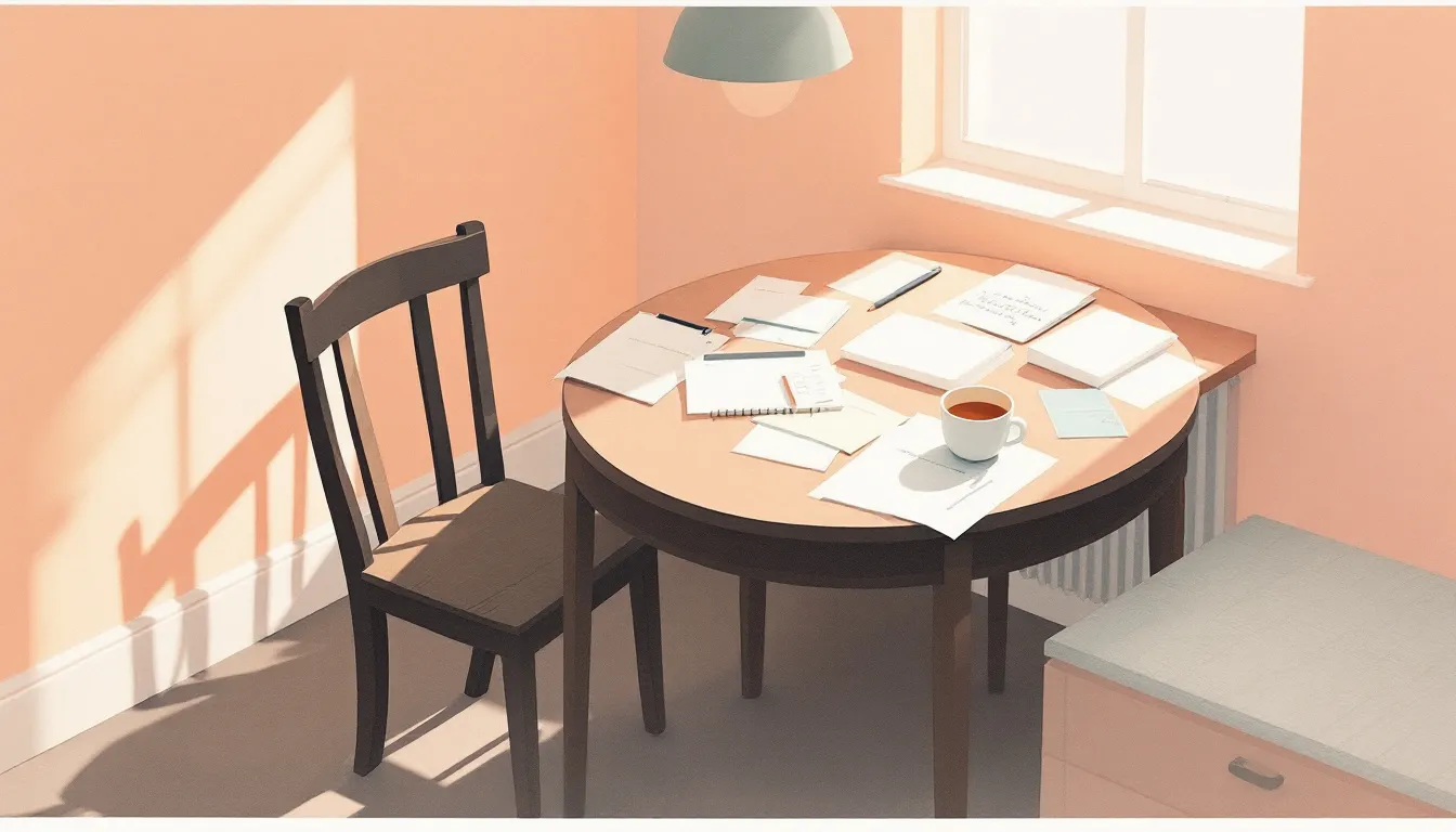 A pulled-back wooden chair at a round kitchen table covered with scattered papers and a cold cup of tea, warm window light casting long shadows across the surface, no one present