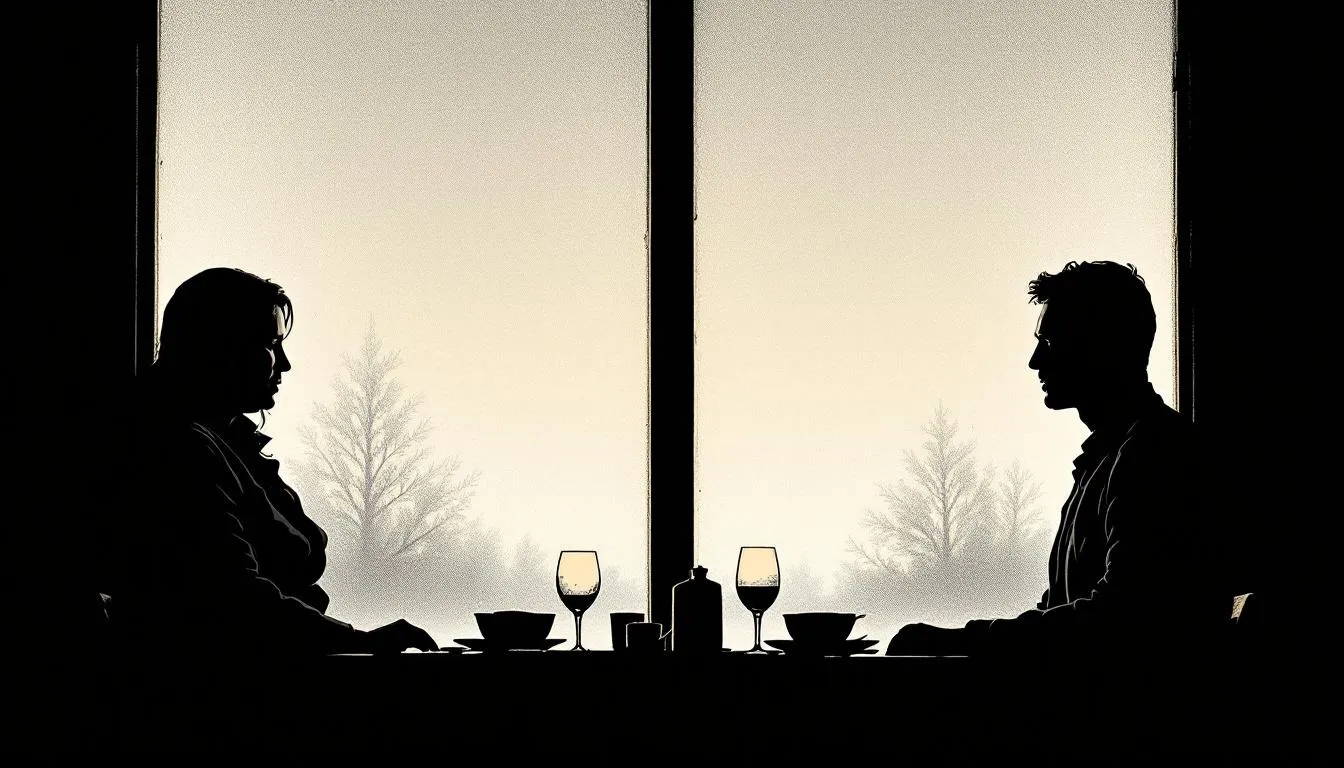 Two people sit in silhouette across a dinner table against a pale window