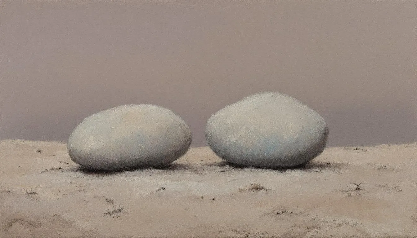 Two smooth pale stones resting close together on muted sand under a grey sky