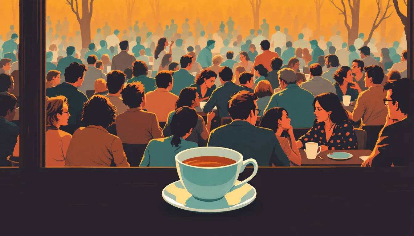 Risograph-style illustration of a busy cafe where animated figures chat in the background and a single empty teacup sits alone in the foreground, bathed in amber light