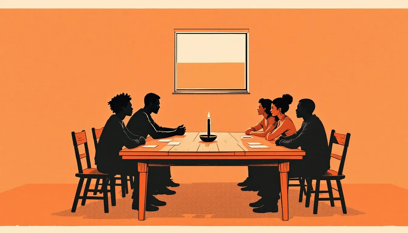 Silhouetted figures with medium-brown and olive skin tones sit at a long wooden community table in a dim room, a candle and scattered notes between them, a bar of window light crossing the center
