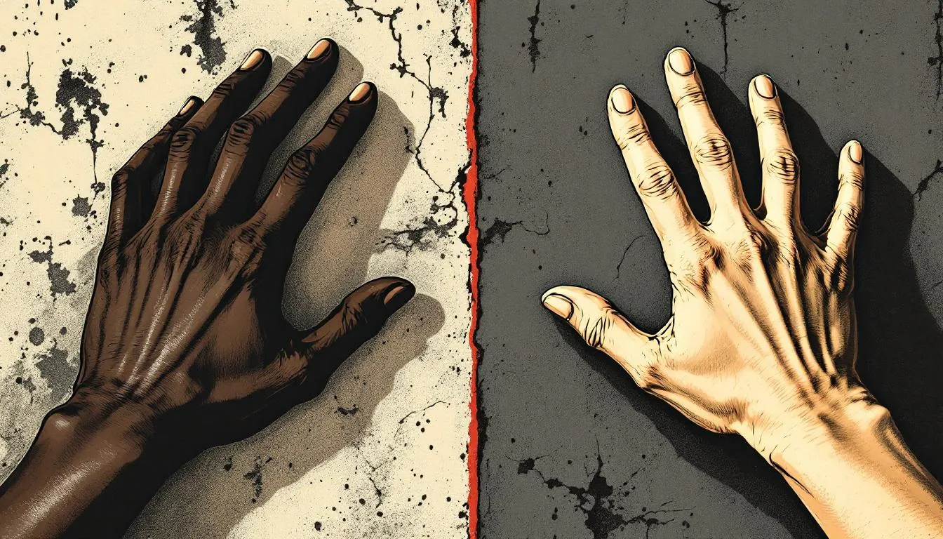 Two hands of different skin tones reaching across a cracked line splitting the frame