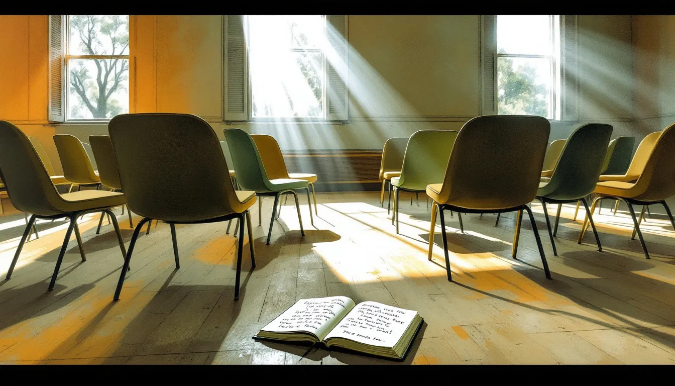 A circle of empty chairs in a sun-dappled community hall, with afternoon light slanting through louvered windows onto worn wooden floors and an open notebook resting on one seat