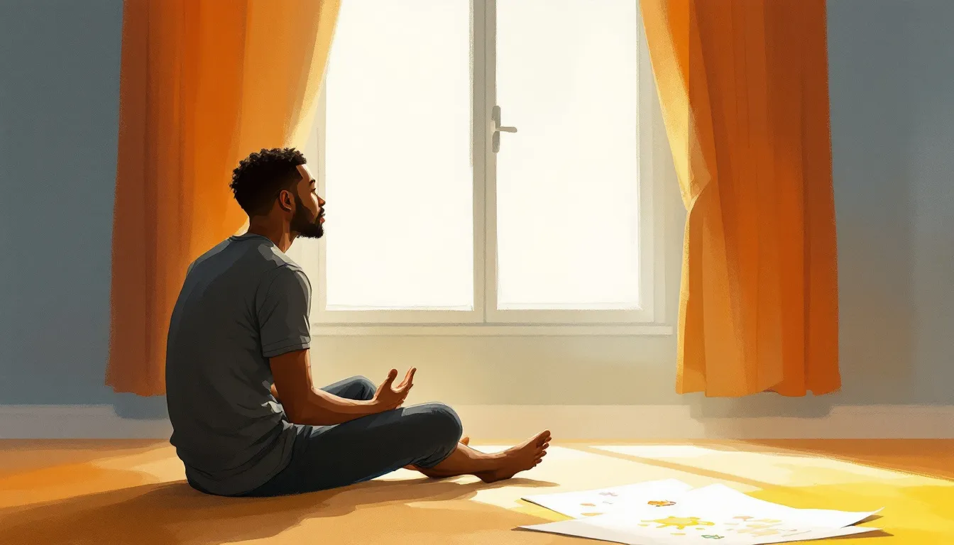 A charcoal-and-wash illustration of a medium-brown-skinned adult sitting alone by a tall window with hands open in their lap, a child's drawing unfolded on the floor beside them, warm amber light falling across the quiet room