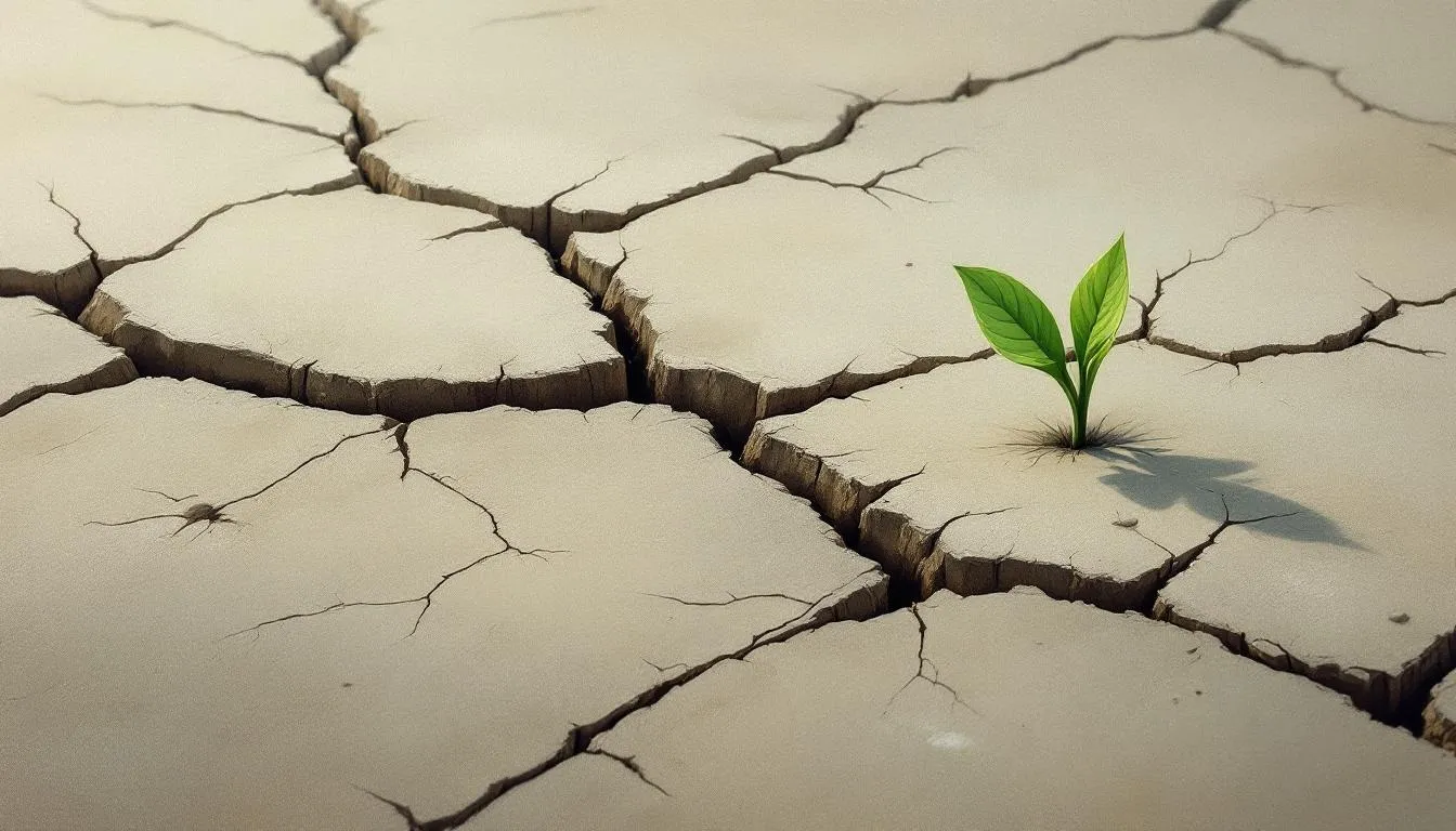 A single green seedling pushes up through cracked, parched earth