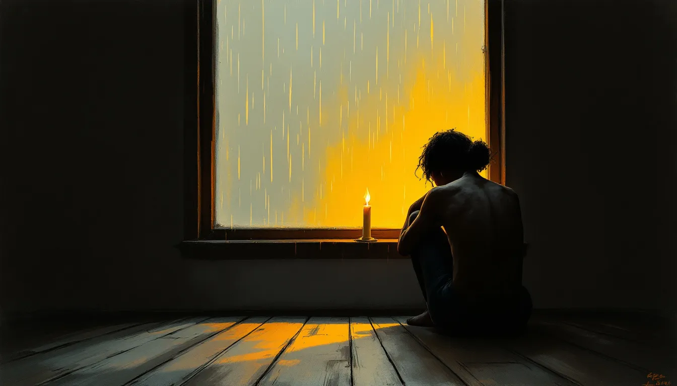 A person with dark brown skin sits on a wooden floor beside a rain-streaked window, head bowed in quiet sorrow, a single candle burning low on the sill