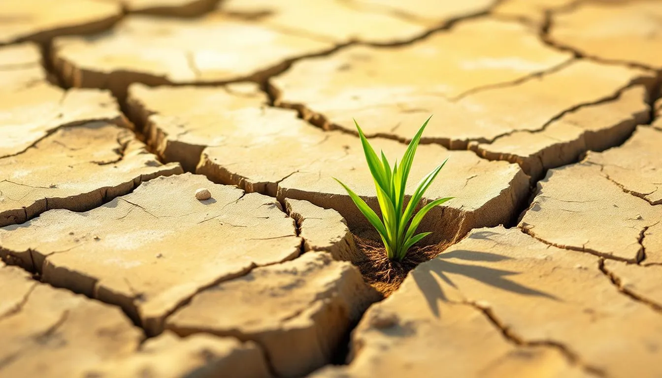 A bright green shoot rising from a gap in sun-baked, cracked clay ground