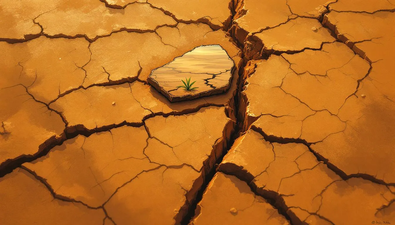 A mirror-like slab in cracked desert earth reflecting sky, with a small green sprout