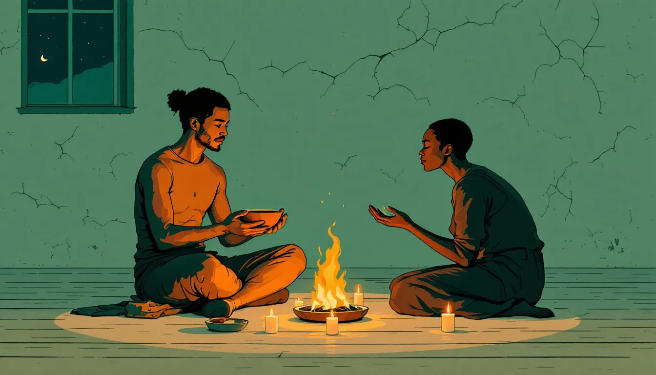 A person with medium-brown skin cradles a clay bowl holding a glowing ember, its light falling entirely on the open palms of a second figure with dark olive skin seated across from them in a candlelit circle