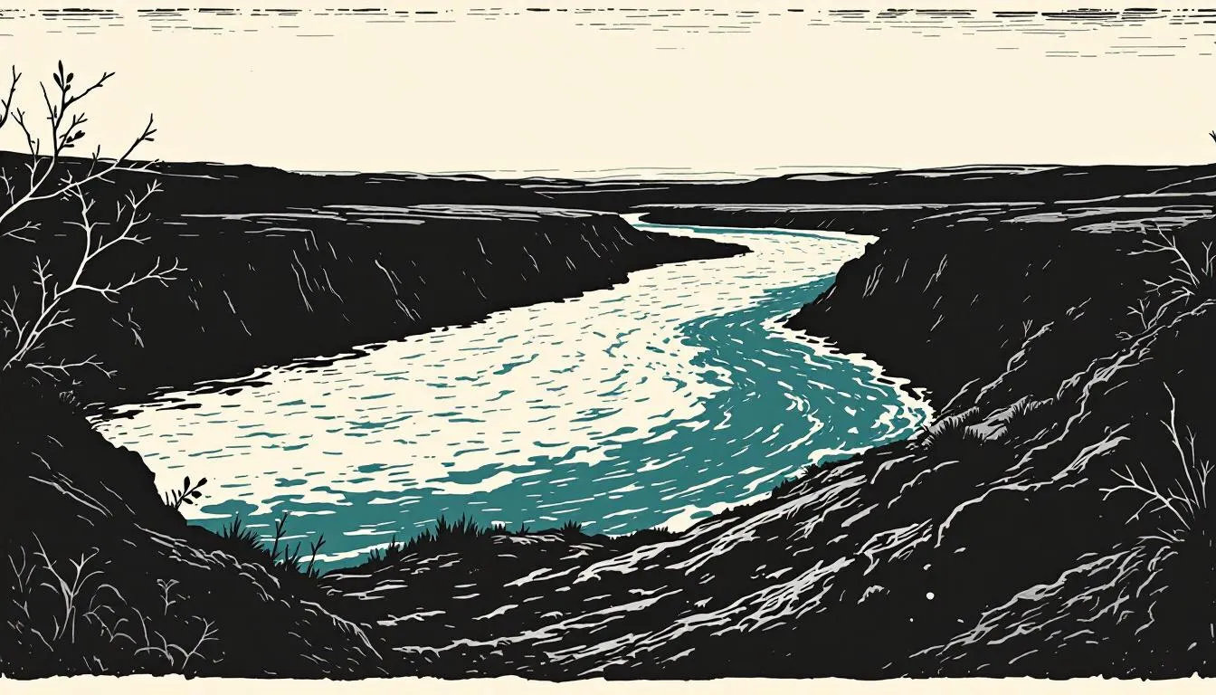 Bold woodcut-style river curving between dark canyon walls toward the horizon