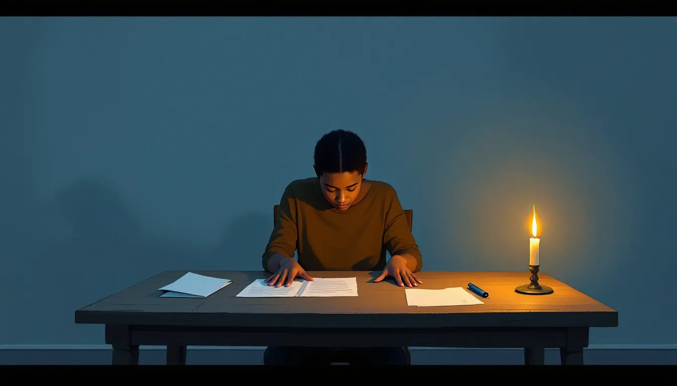 A person with medium-brown skin sits at a low wooden table, head bowed and hands open palm-up, while a lit candle rests on the empty chair across from them in a quietly lit room