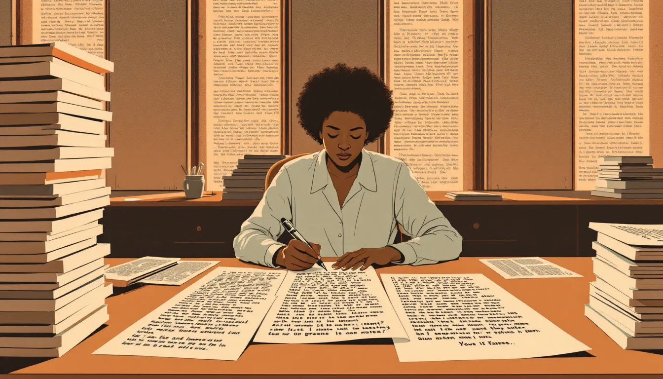 A figure with dark brown skin sits alone at a wide desk covered in institutional documents, calmly crossing out printed text and writing fresh sentences by hand in warm evening light