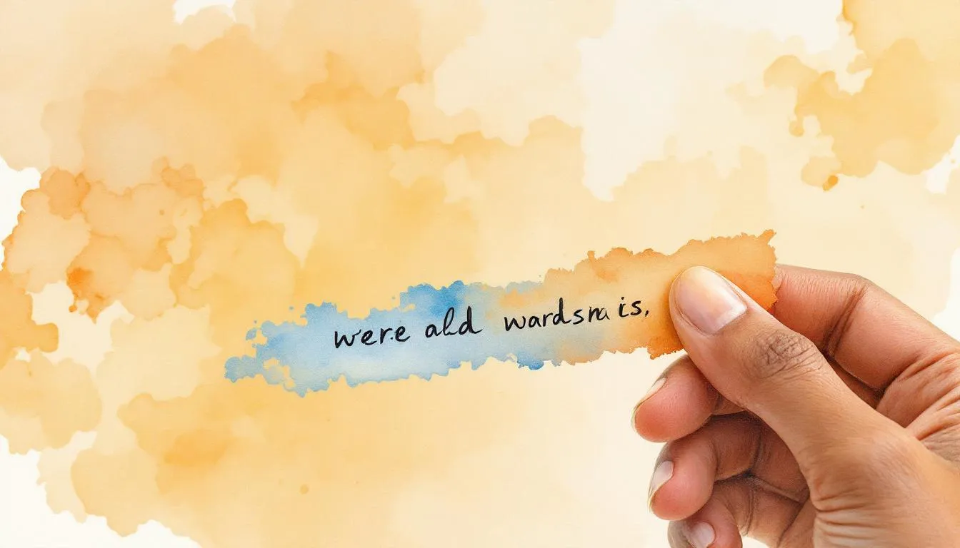 A hand holds a torn strip of paper with smudged handwritten words against watercolor