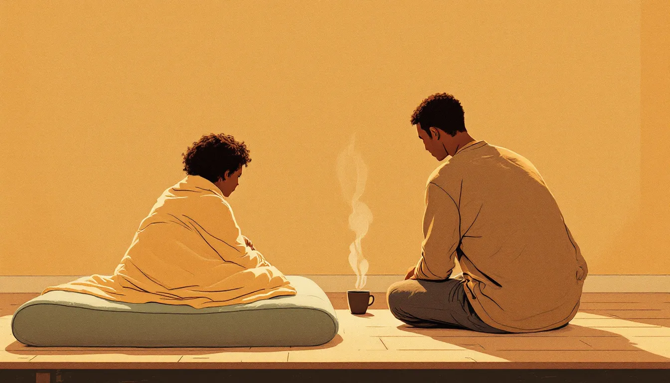 A person with warm brown skin sits quietly from behind, leaning toward a blanketed figure curled on a low seat, a steaming ceramic cup resting on the wooden floor between them