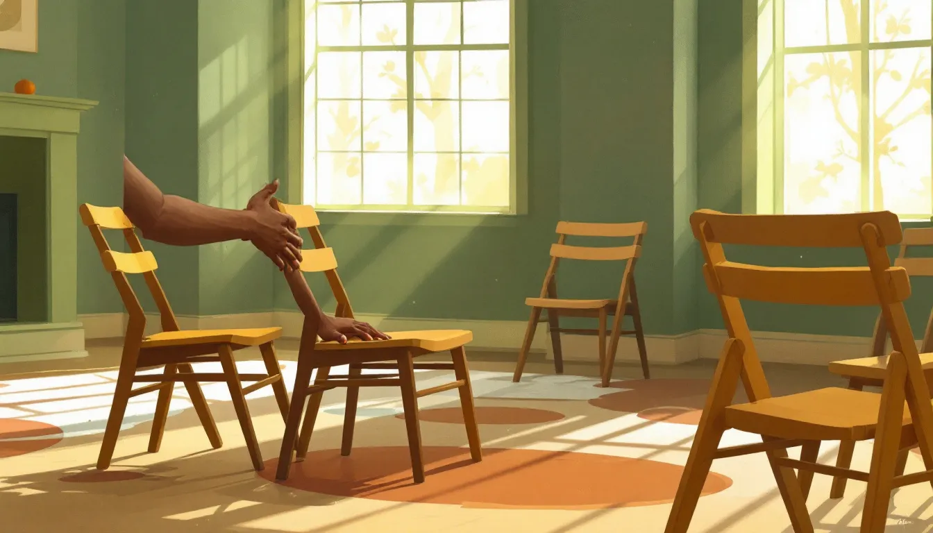 Gouache illustration of a circle of wooden chairs in a warmly lit room, one chair turned away from the group while a dark-skinned hand rests gently on its backrest