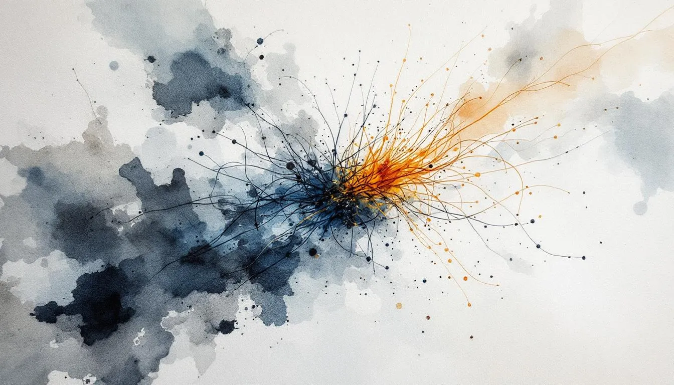 Watercolor of tangled blue and orange threads bursting outward from a knotted center