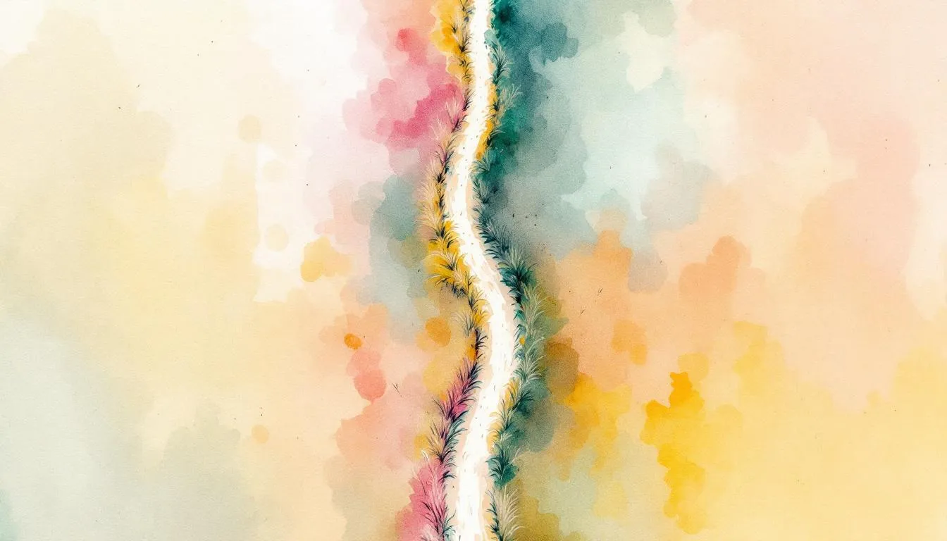 Aerial watercolor of a pale winding path through soft pink, gold, and teal washes