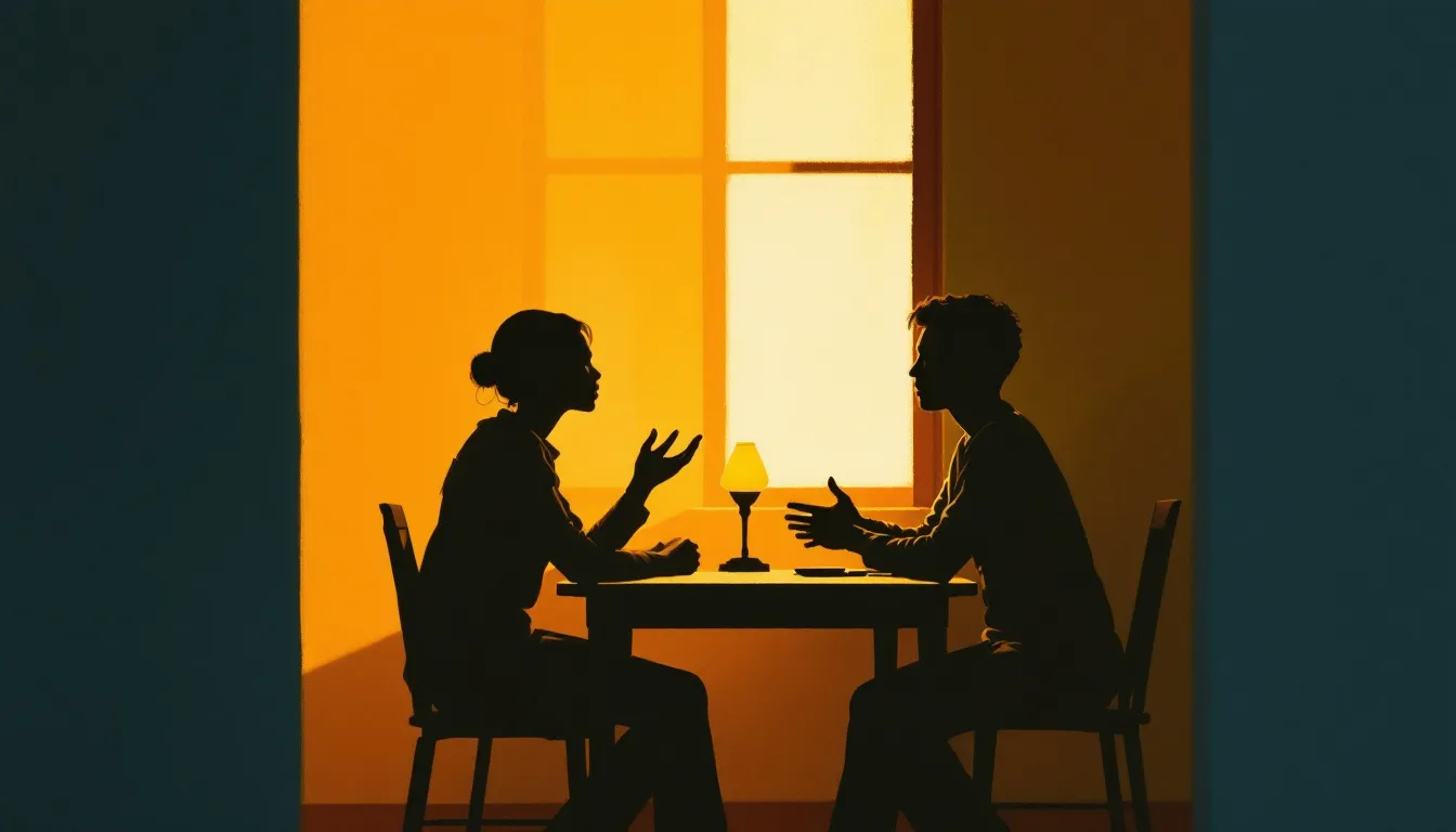 Gouache illustration of two figures in silhouette seated at a small wooden table, seen from the side, one leaning forward with open hands, a warm lamp glowing between them against an amber and slate-blue interior