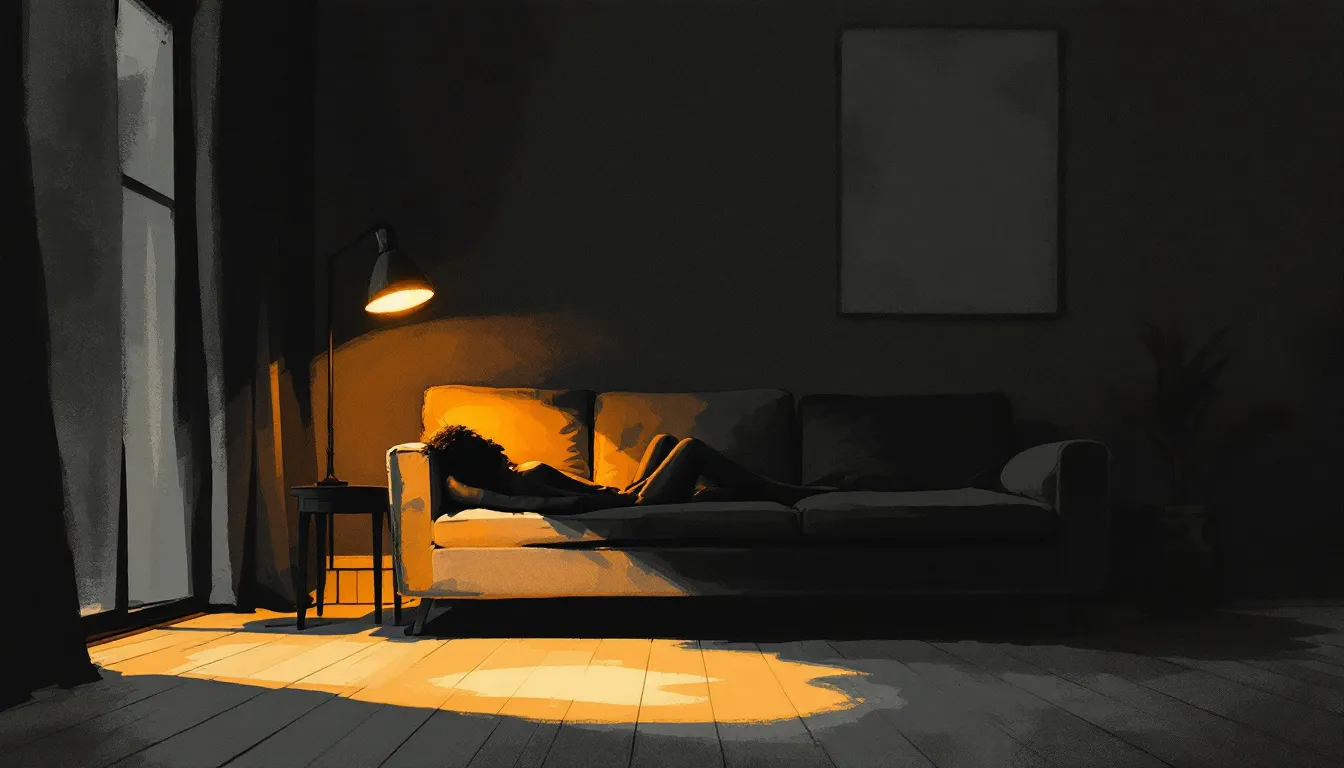 Two silhouetted figures sit side by side on a couch in a dimly lit room, one leaning gently toward the other in the warm glow of a single lamp