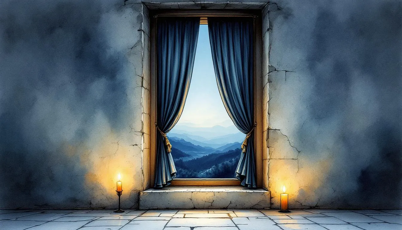 Sheer blue curtains part at a cracked stone window opening onto distant misty mountains