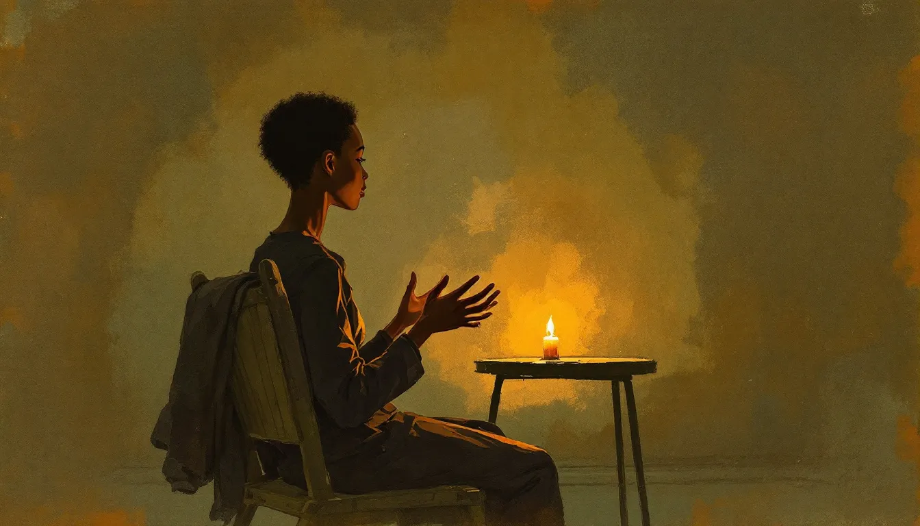 Gouache illustration of a dark-skinned person seated on a wooden chair, leaning gently forward with open hands in their lap, a lit candle on a low table casting warm amber light into the space between them and an unseen listener