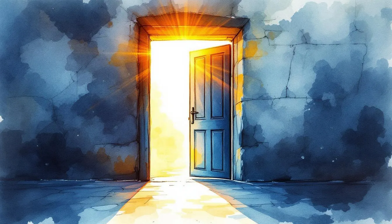 Watercolor of an open door in a cracked blue wall, brilliant golden light pouring through