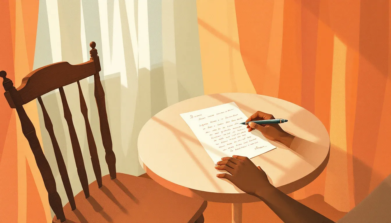 Risograph illustration of a handwritten letter and uncapped pen on a small round table beside a wooden chair, afternoon light casting diamond shadows through gauzy curtains, a dark-skinned hand resting beside the page in quiet contemplation
