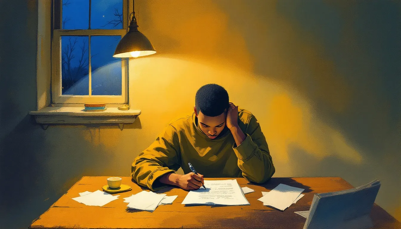 A figure with warm brown skin sits at a wooden desk by amber lamplight, an unsent letter open before them and crumpled drafts scattered around, while blue dusk shows through the window behind them.