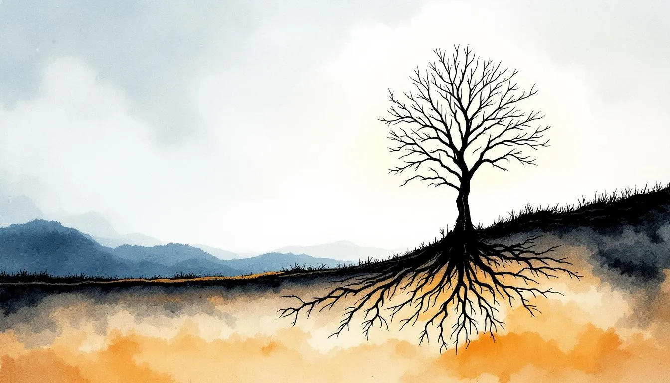 Watercolor of a bare tree with roots spreading underground against misty hills