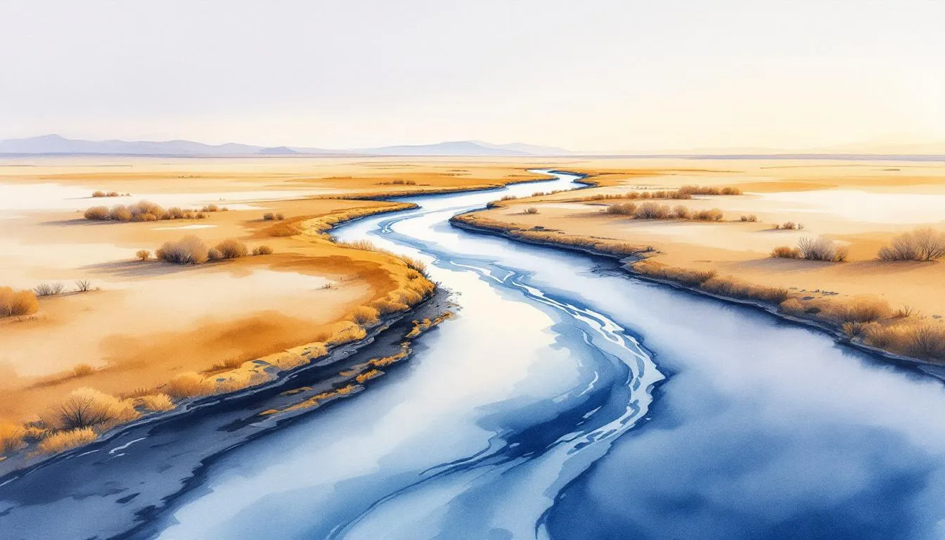 Watercolor aerial view of a blue river winding across a wide golden plain
