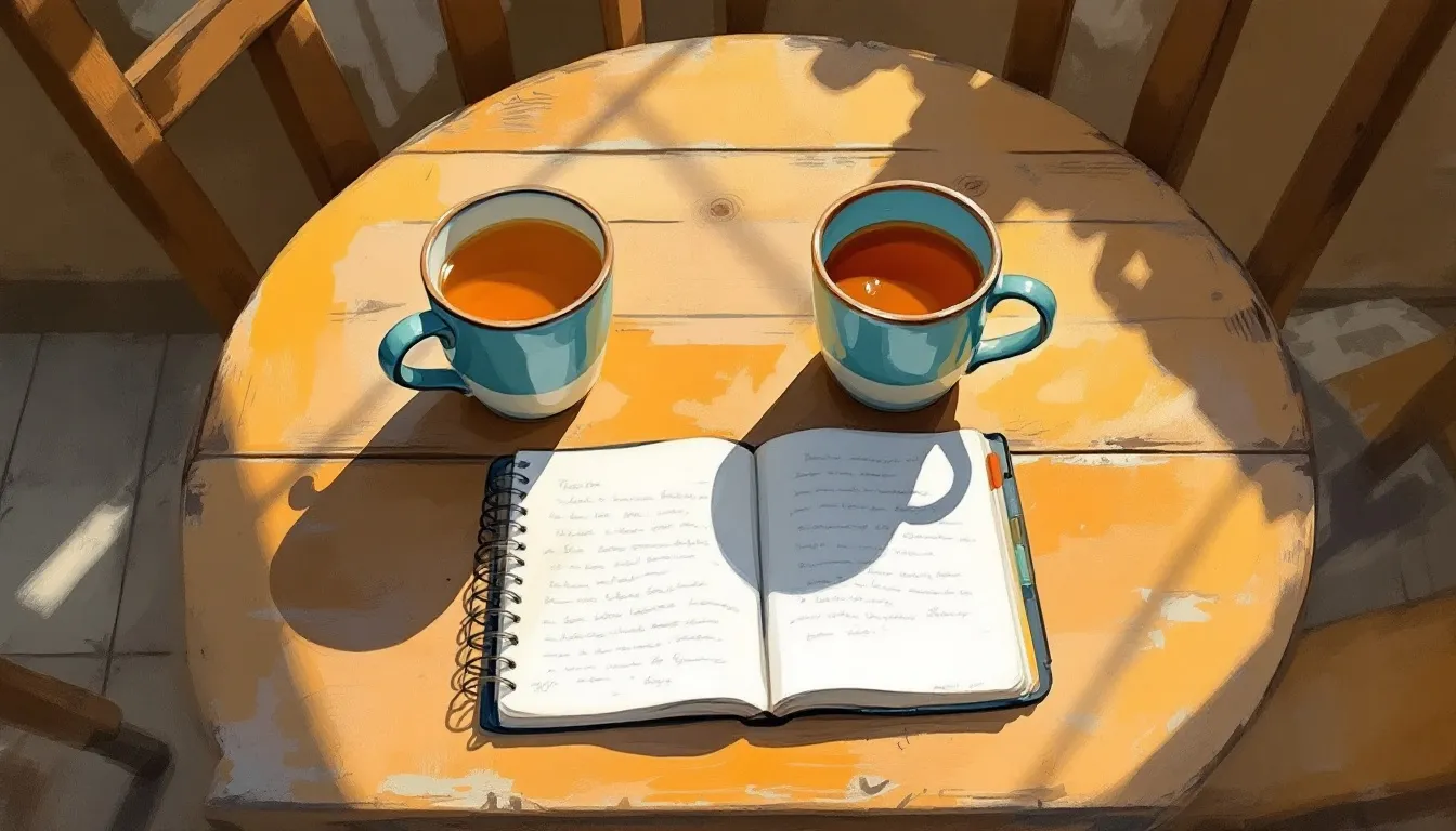 Gouache illustration of a worn wooden kitchen table seen from above with two mismatched ceramic mugs and an open notebook between them, bathed in warm amber afternoon light
