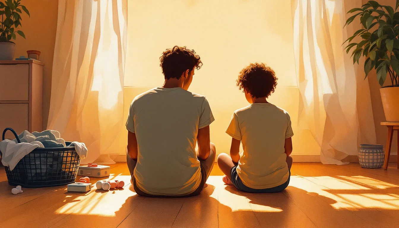 Gouache illustration of a parent and child seen from behind, sitting a little apart on a sunlit living-room floor with laundry and toys nearby.
