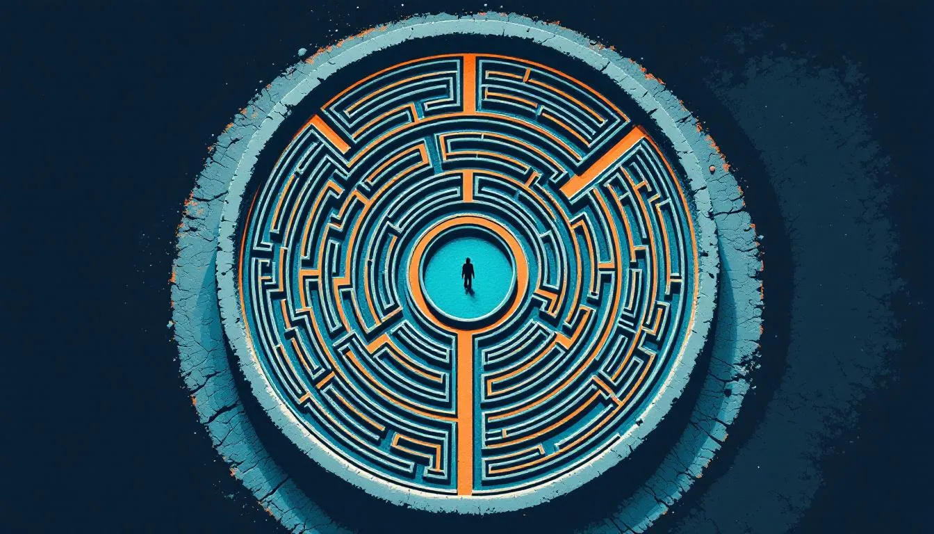 Aerial view of a tiny figure standing at the center of a circular maze