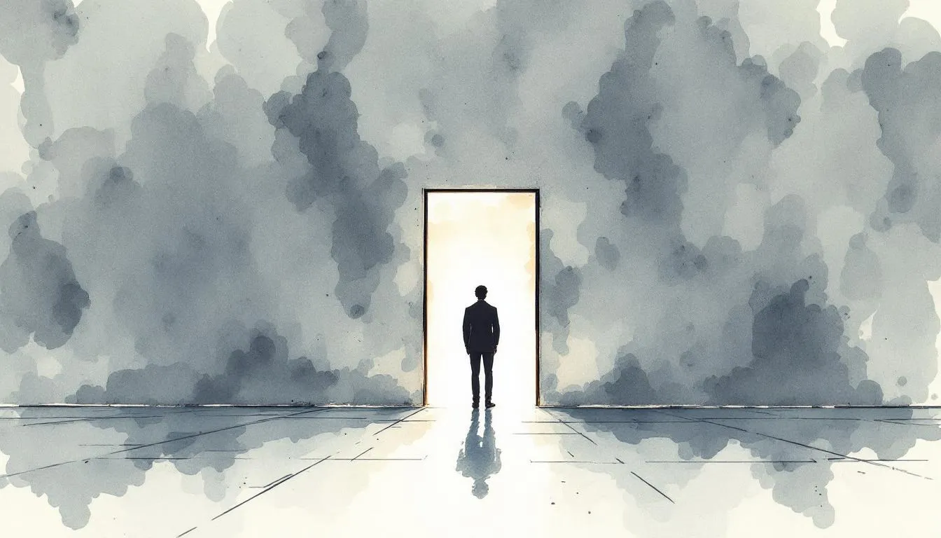 A lone suited figure stands facing a tall, bright doorway in a vast grey space