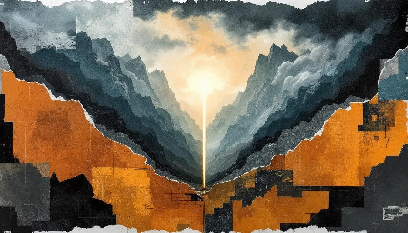 A shaft of light rises from a valley between dark mountains in a torn-paper collage