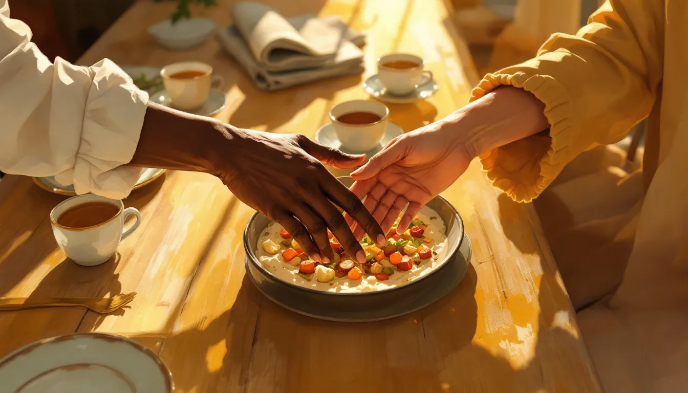 Two pairs of hands with different skin tones reach across a wooden family dinner table to pass a shared dish in warm golden light