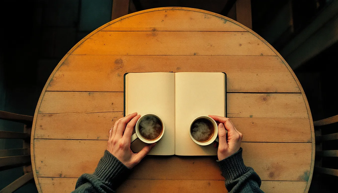 A risograph-style bird's-eye view of a round wooden table at dusk with two steaming ceramic mugs and an open notebook between them