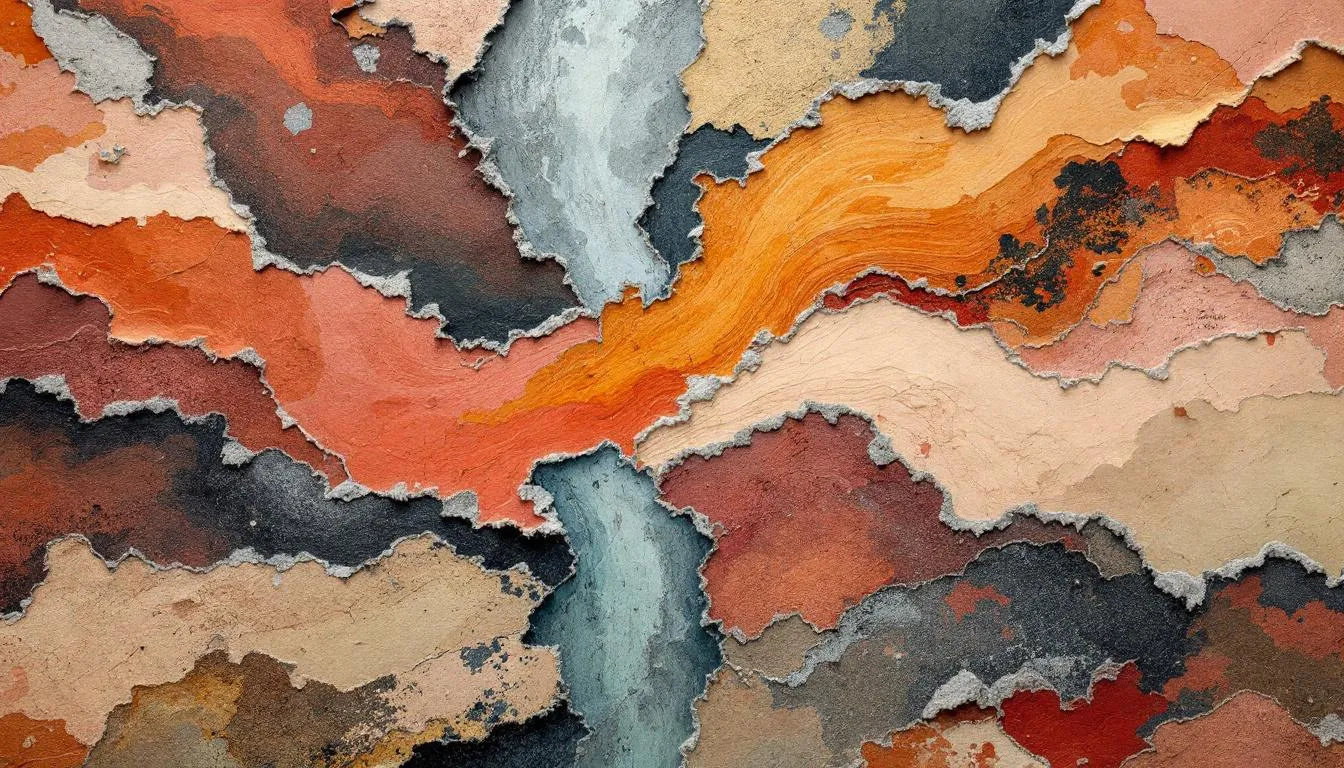 Torn fragments of earth-toned paper meet around a pale central seam, like a healed rift